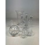 A quantity of glass including a candelabra, Dartington vases and a Boda Seafood platter