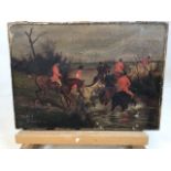 An oil on canvas of a hunting scene. Indistinct signature lower right W:35.5cm x H:26cm