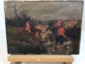 An oil on canvas of a hunting scene. Indistinct signature lower right W:35.5cm x H:26cm