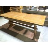 A large pine kitchen farmhouse table with two drawers underneath and handmade pegs and dowels. W: