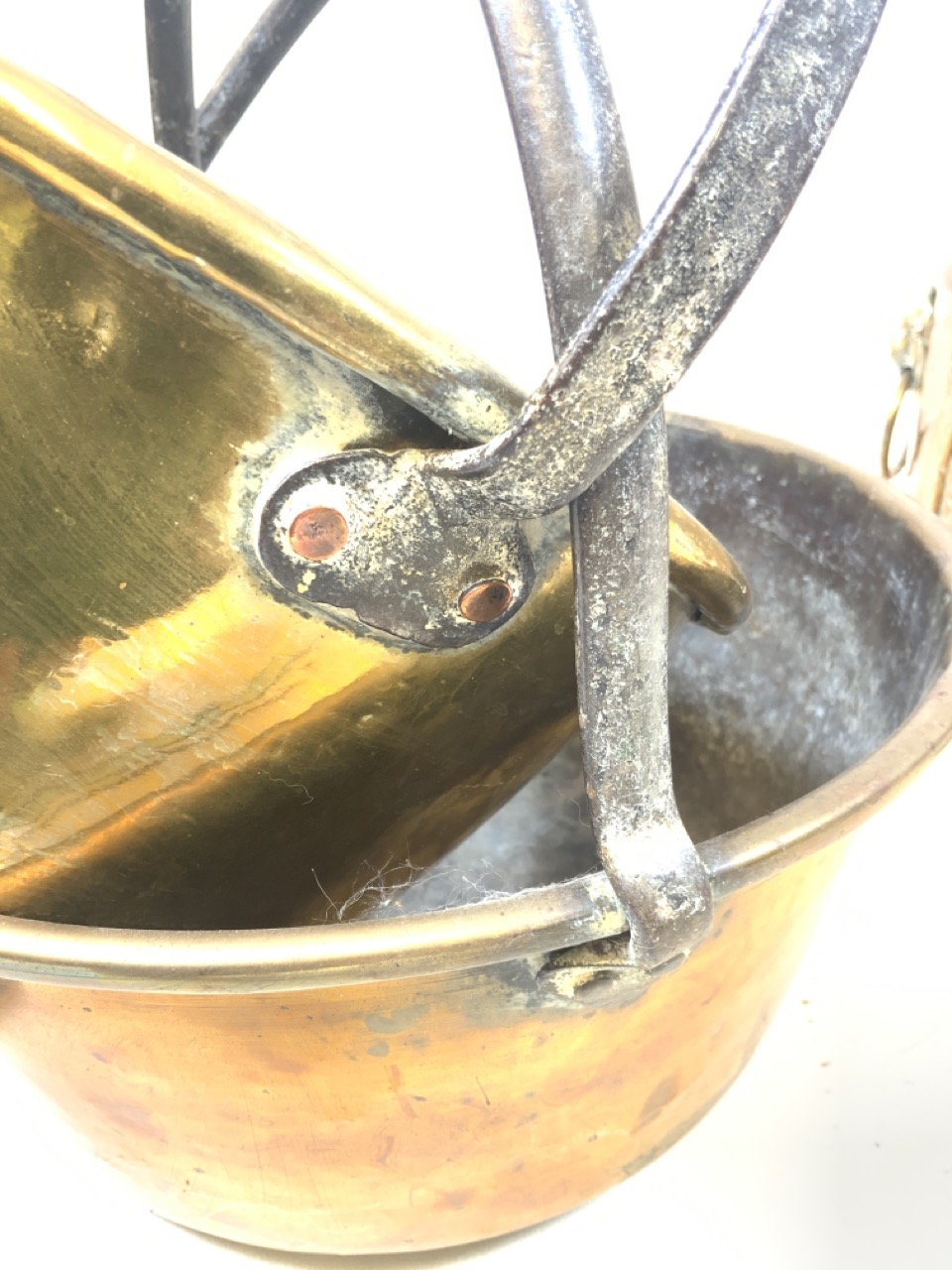 Two large antique brass jam preserve pans also with a brass hammered jardinaire, pewter tankard etc. - Image 4 of 4