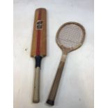 A vintage cricket bat and tennis racquet. Both as found - signs of woodworm in bat. Good