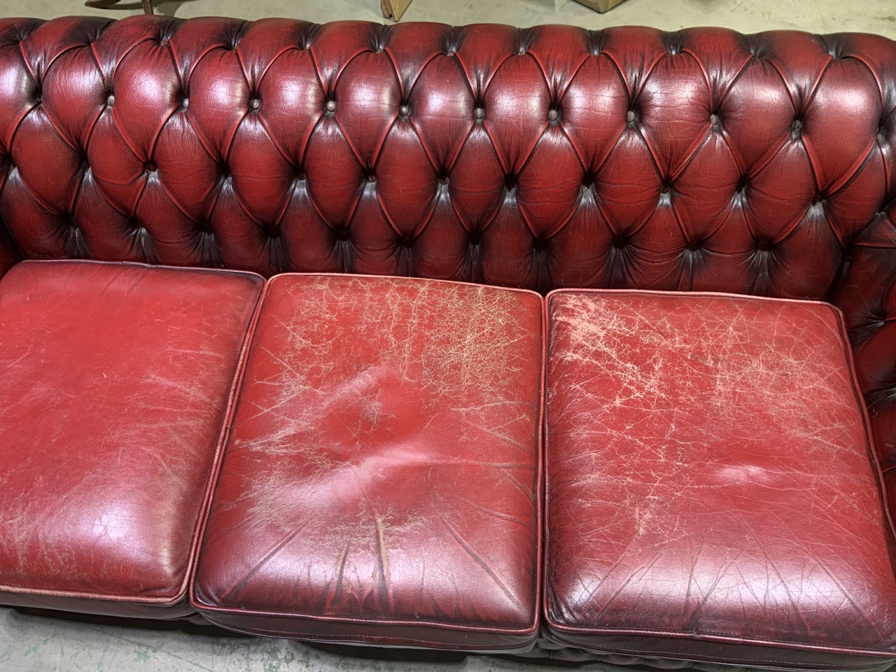 An ox blood red leather button back three seater chesterfield sofa also with an armchair. W:200cm - Image 3 of 5