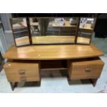A G Plan E Gomme mid century teak dressing table and triptych mirror with floating bow front above