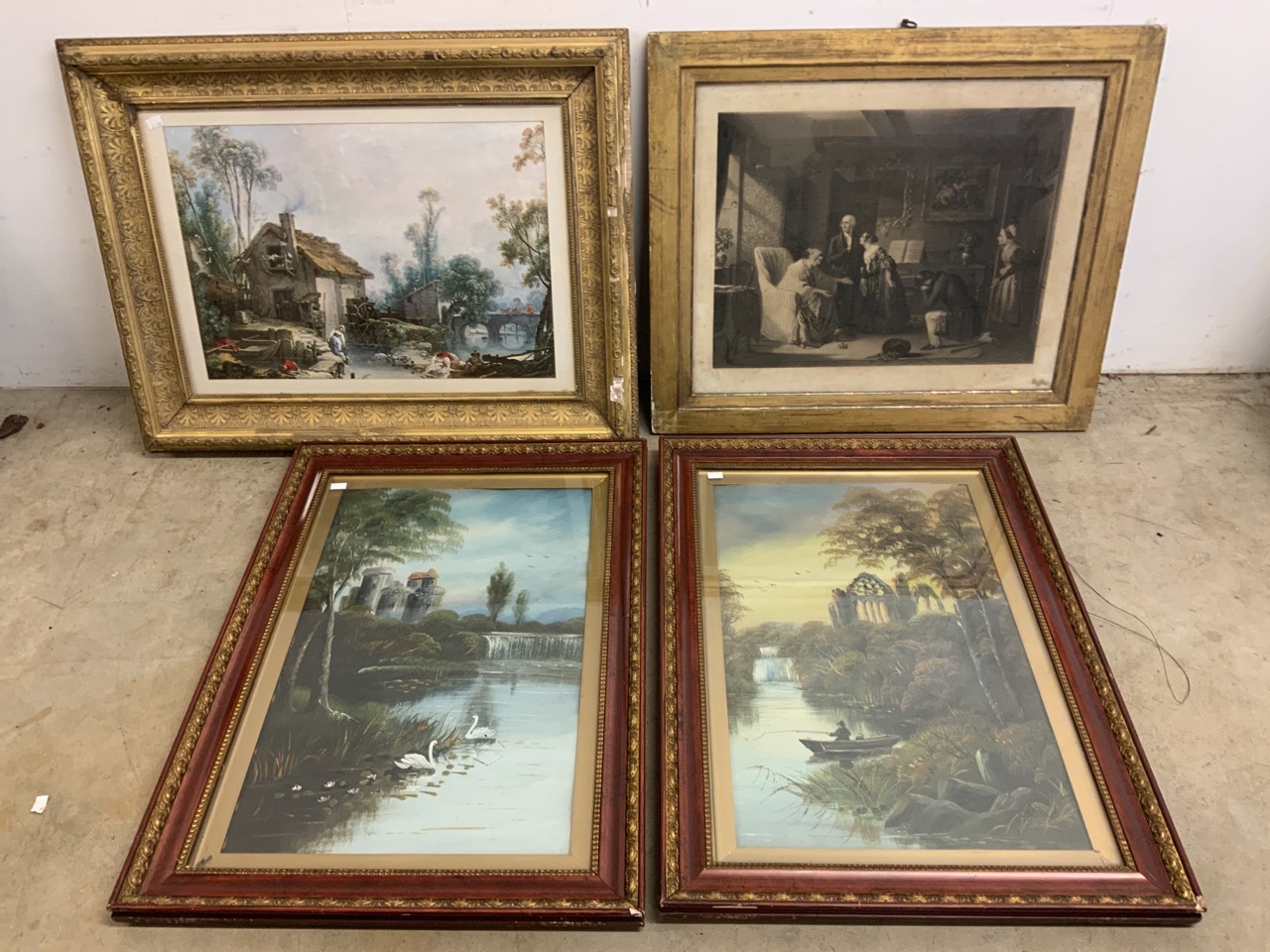 A pair of oil waterscapes in red and gilt frames also a print in gesso frame with an etching.