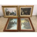 A pair of oil waterscapes in red and gilt frames also a print in gesso frame with an etching.