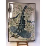 An Oriental hand painted bird on fabric in gouache, with another print W:104cm x H:104cm