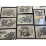 Eight Chinese dragon prints on rice paper in black frames. With printed signature T.Muni. W:32cm x