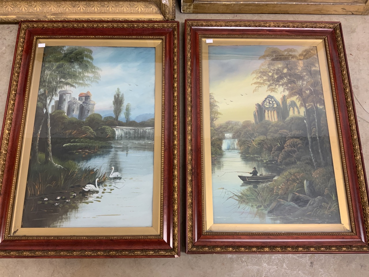 A pair of oil waterscapes in red and gilt frames also a print in gesso frame with an etching. - Image 2 of 4