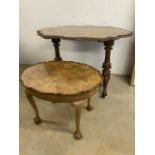 A walnut veneered decorative carved table with fret cut stretcher to base also with a smaller Walnut