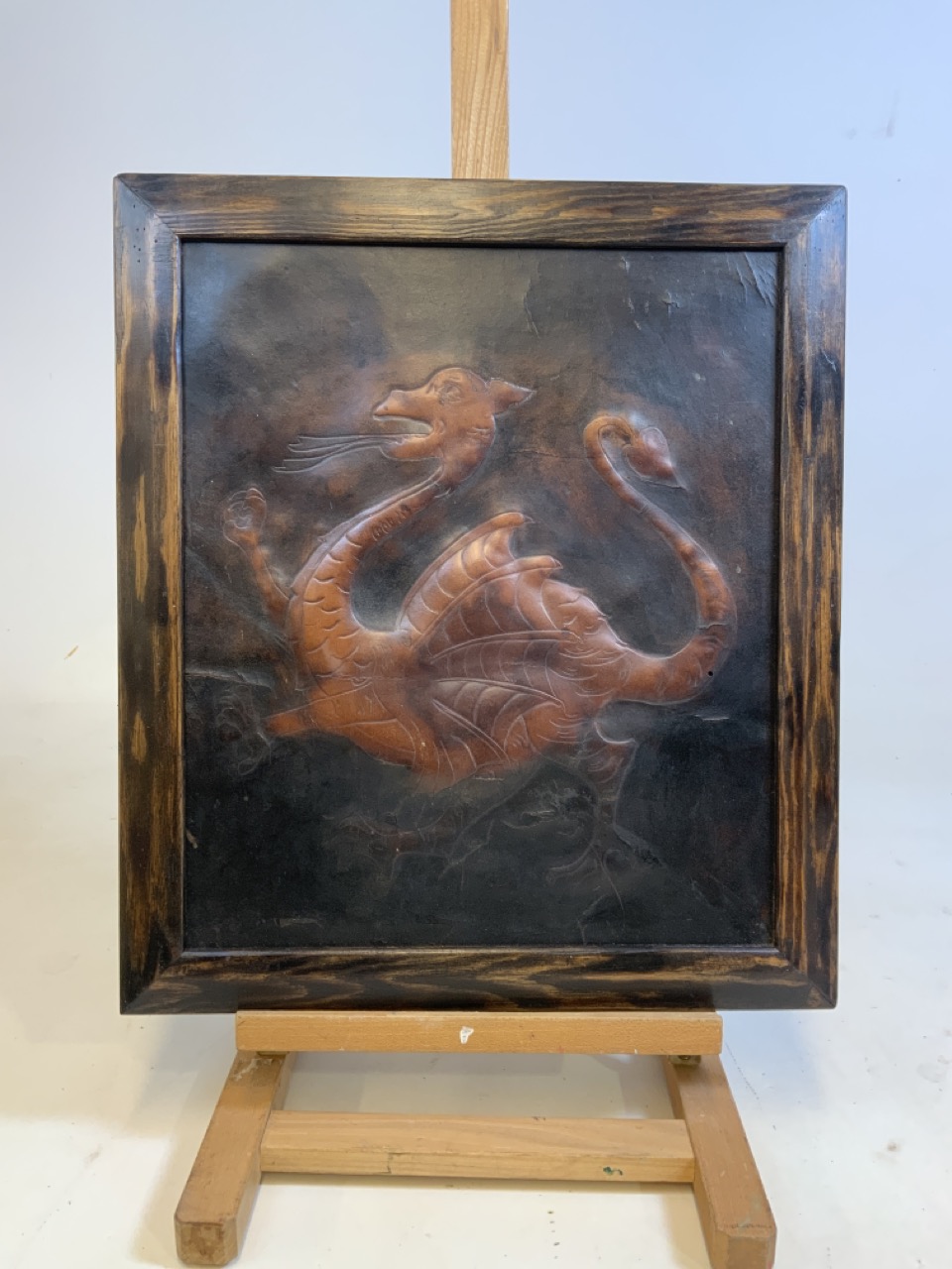 An antique framed leather panel of a dragon. W:38cm x H:45cm - Image 3 of 4