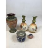 A pair of continental urns, a Doulton vase (A/F) and others