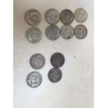 Eight American half dollars dated 1964-1966 also with a Colombian half dollar dated 1893 and three