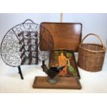 An oak tray trimmed with copper, a decoupage tray, A basket, a wine rack, a fire screen and others