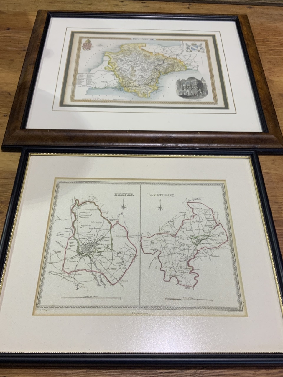 Thomas MOULE map of Devonshire 185 x 250 mm framed also with maps of Exeter and Tavistock drawn by R