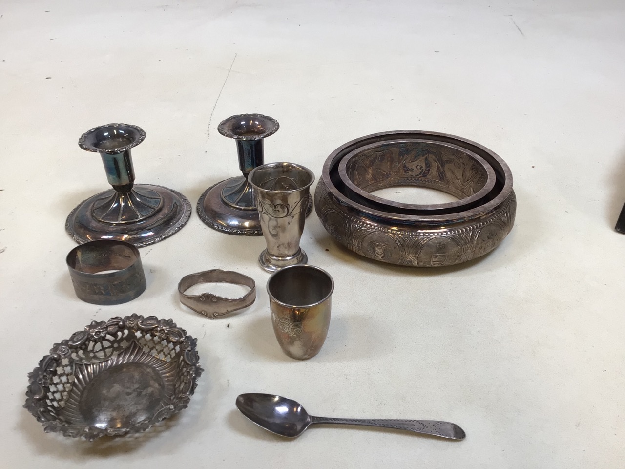 A quantity of Norwegian Silver including weighted candlesticks and a white metal ring marked with - Image 2 of 4