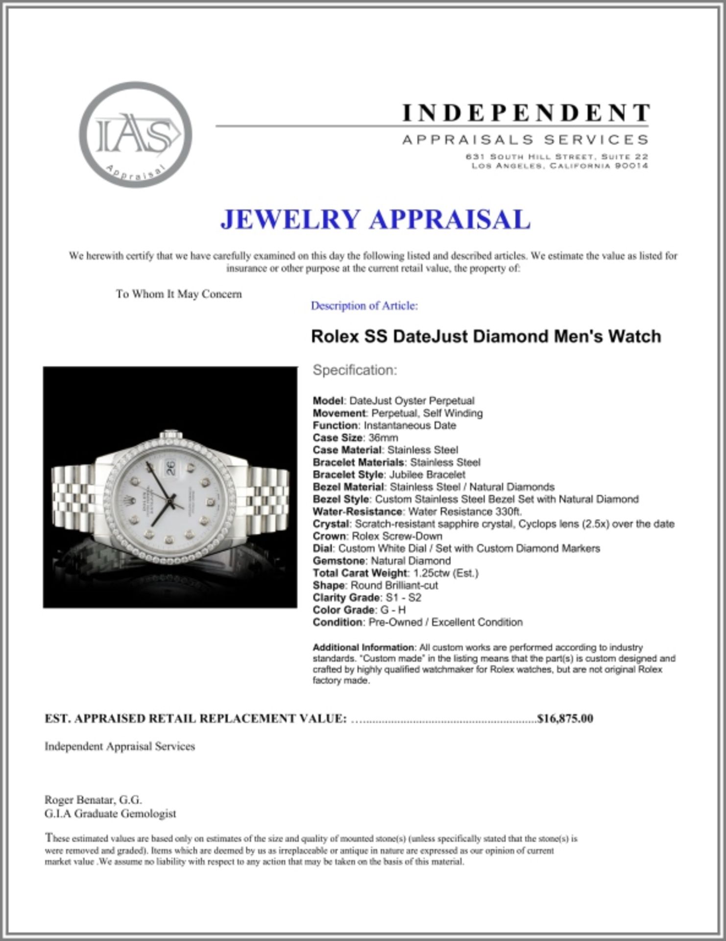 Rolex SS DateJust Diamond 36mm Watch - Image 5 of 5