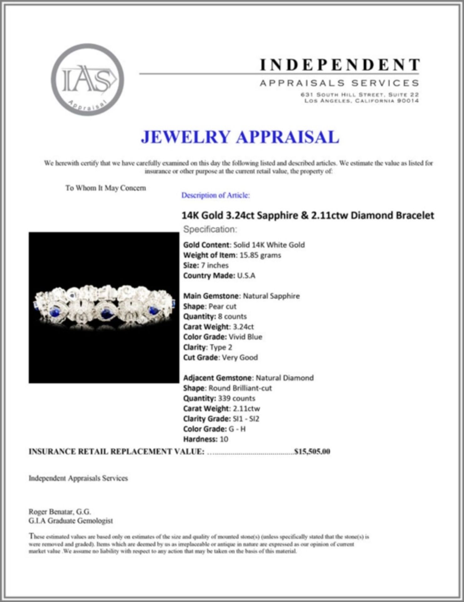 14K Gold 3.24ct Sapphire & 2.11ctw Diamond Bracele - Image 4 of 4