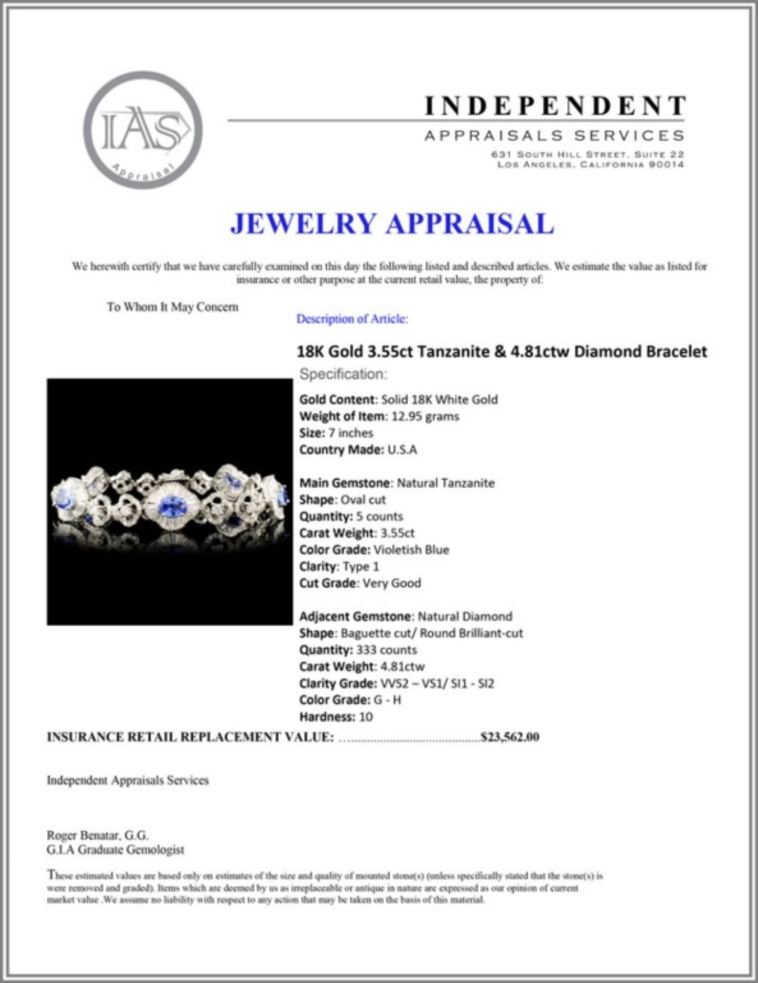 18K Gold 3.55ct Tanzanite & 4.81ctw Diamond Bracel - Image 4 of 4