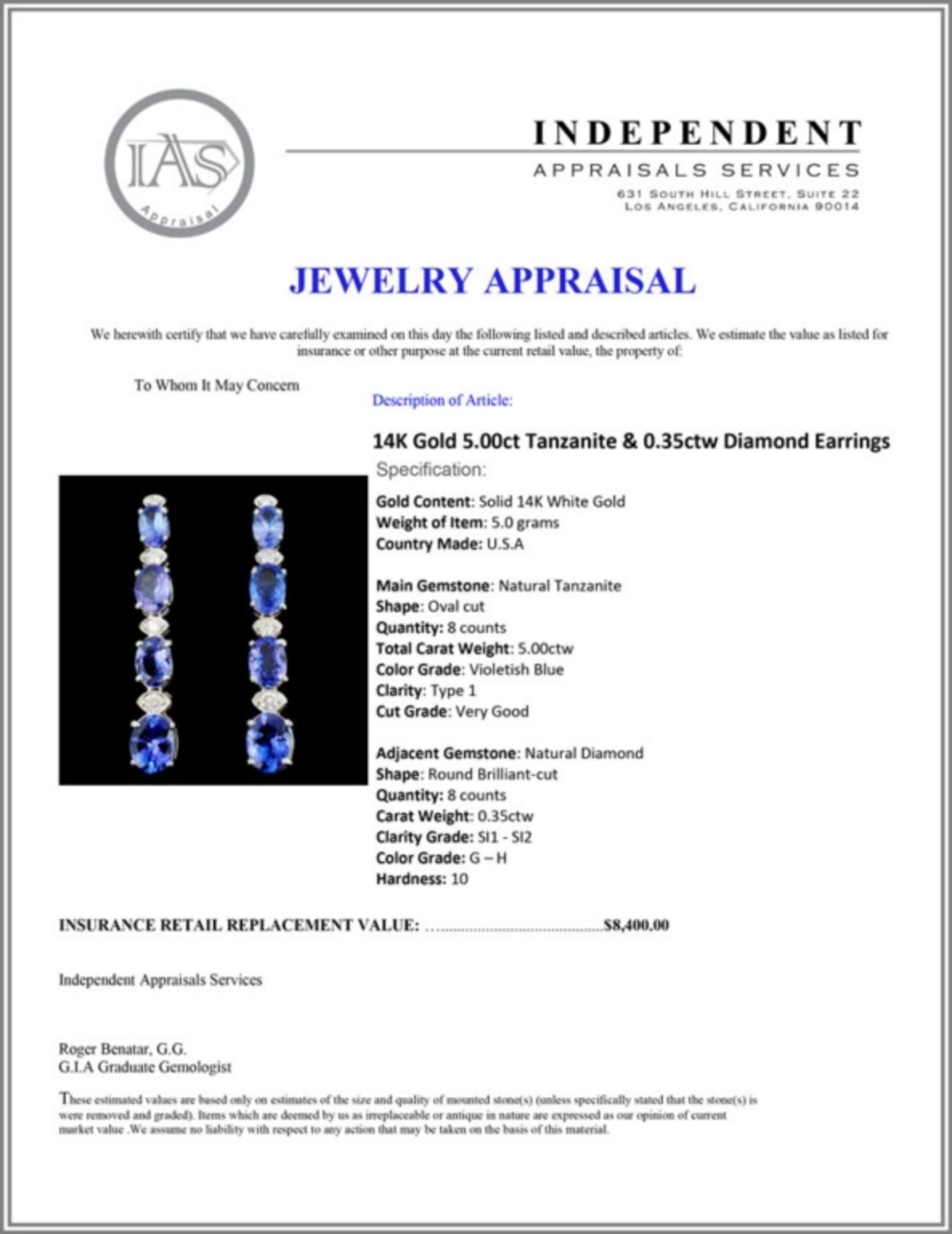 14K Gold 5.00ct Tanzanite & 0.35ctw Diamond Earrin - Image 3 of 3