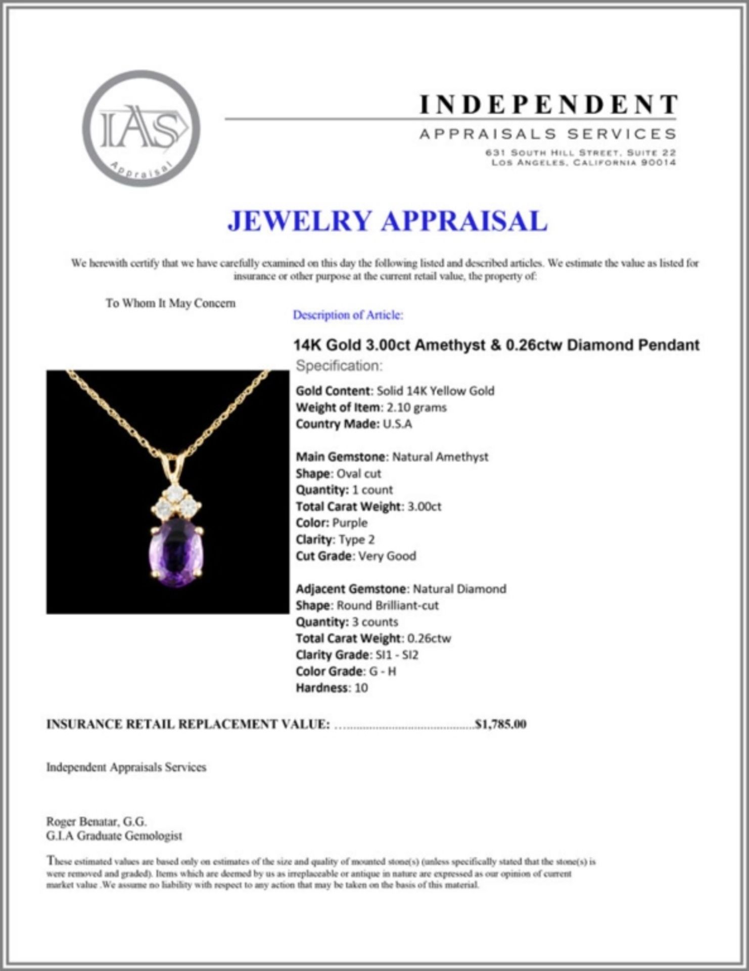 14K Gold 3.00ct Amethyst & 0.26ctw Diamond Pendant - Image 4 of 4