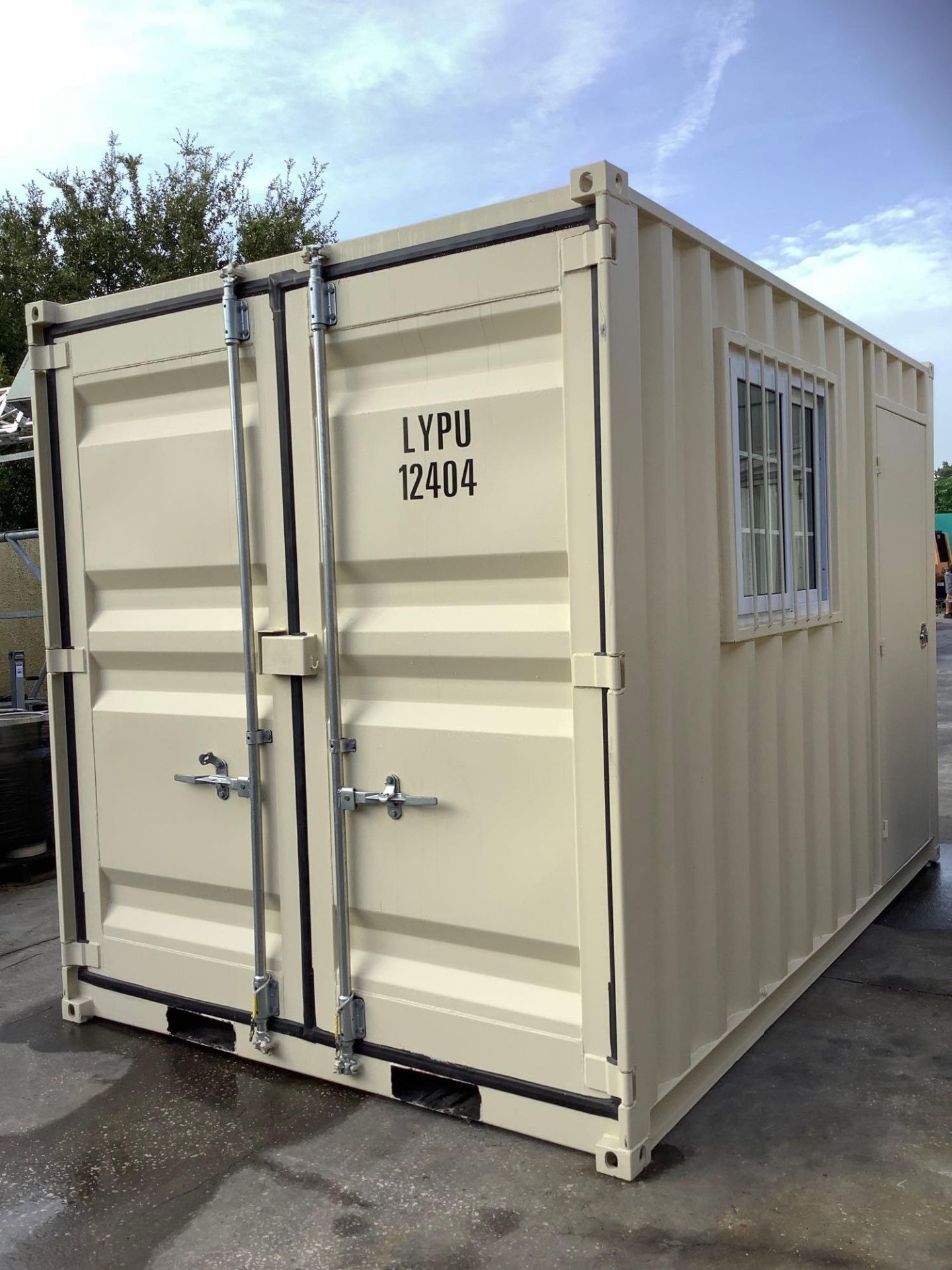 12' OFFICE / STORAGE CONTAINER, FORK POCKETS WITH SIDE DOOR ENTRANCE & SIDE WINDOW , APPROX 99'' T x