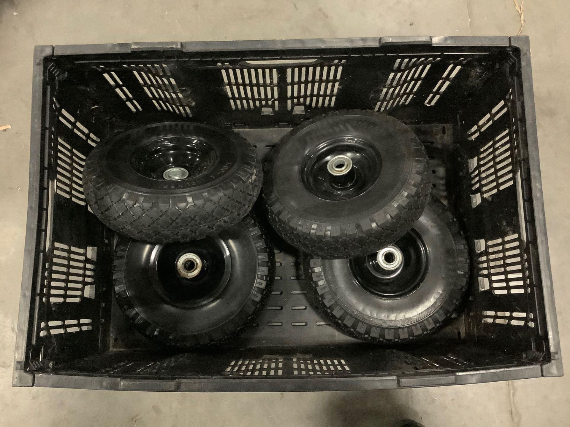 ( 4 ) UNUSED 10” SOLID TIRES 3.00-4 (260 x 85 ) WITH CARRYING CRATE - Image 2 of 3