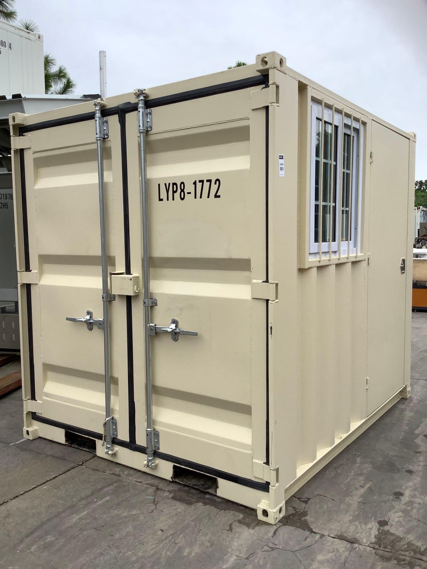 UNUSED 8' OFFICE / STORAGE CONTAINER, FORK PACKETS WITH SIDE DOOR ENTRANCE & SIDE WINDOW, APPROX