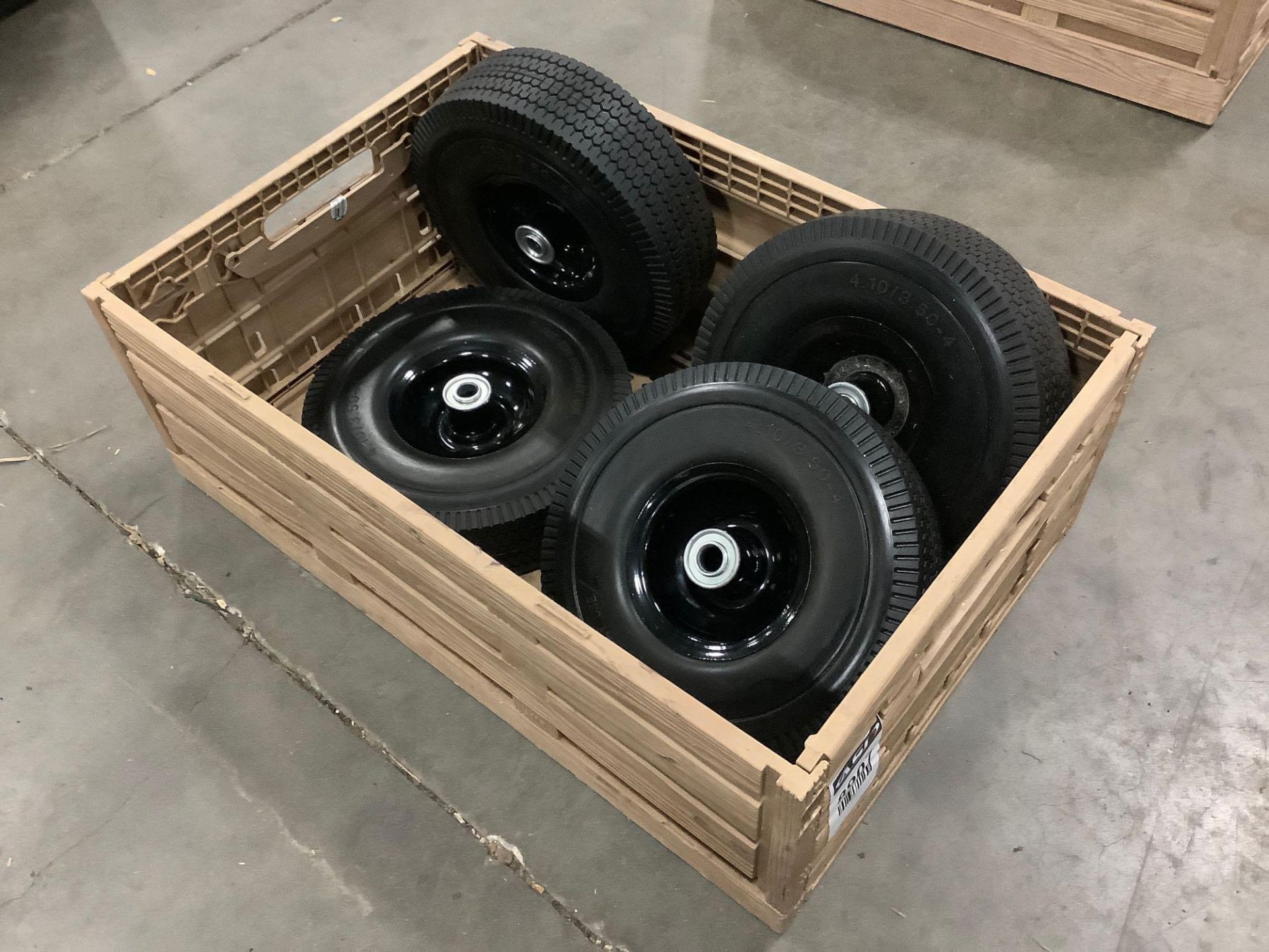 ( 4 ) UNUSED 10” SOLID TIRES 4.10/3.50-4 WITH CARRYING CRATE - Image 3 of 3