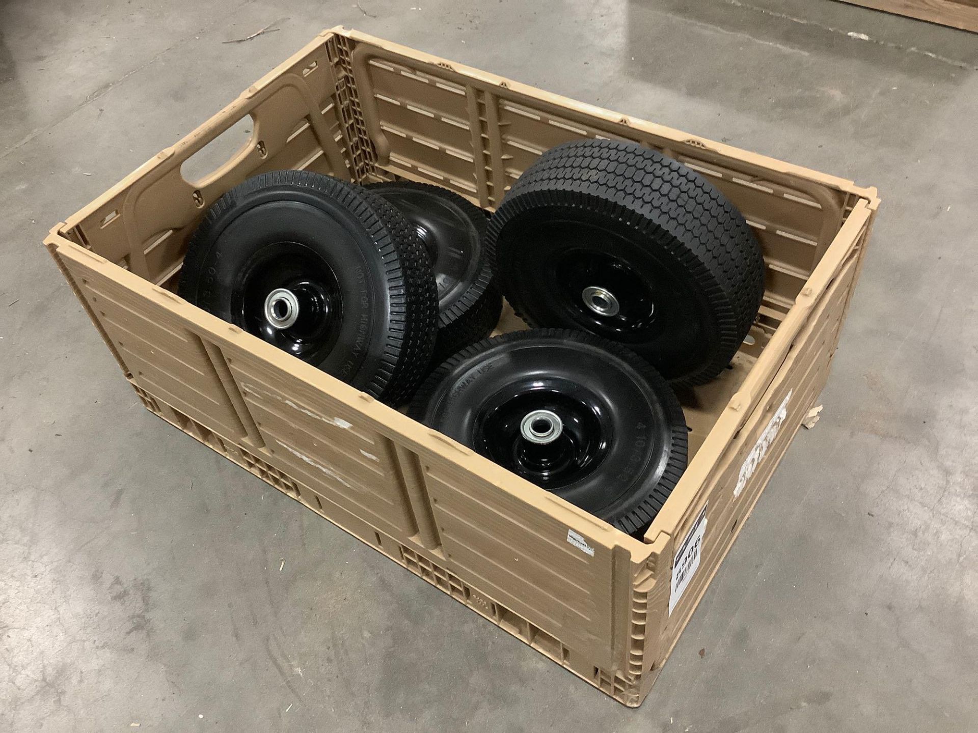 ( 4 ) UNUSED 10” SOLID TIRES 4.10/3.50-4 WITH CARRYING CRATE - Image 3 of 3