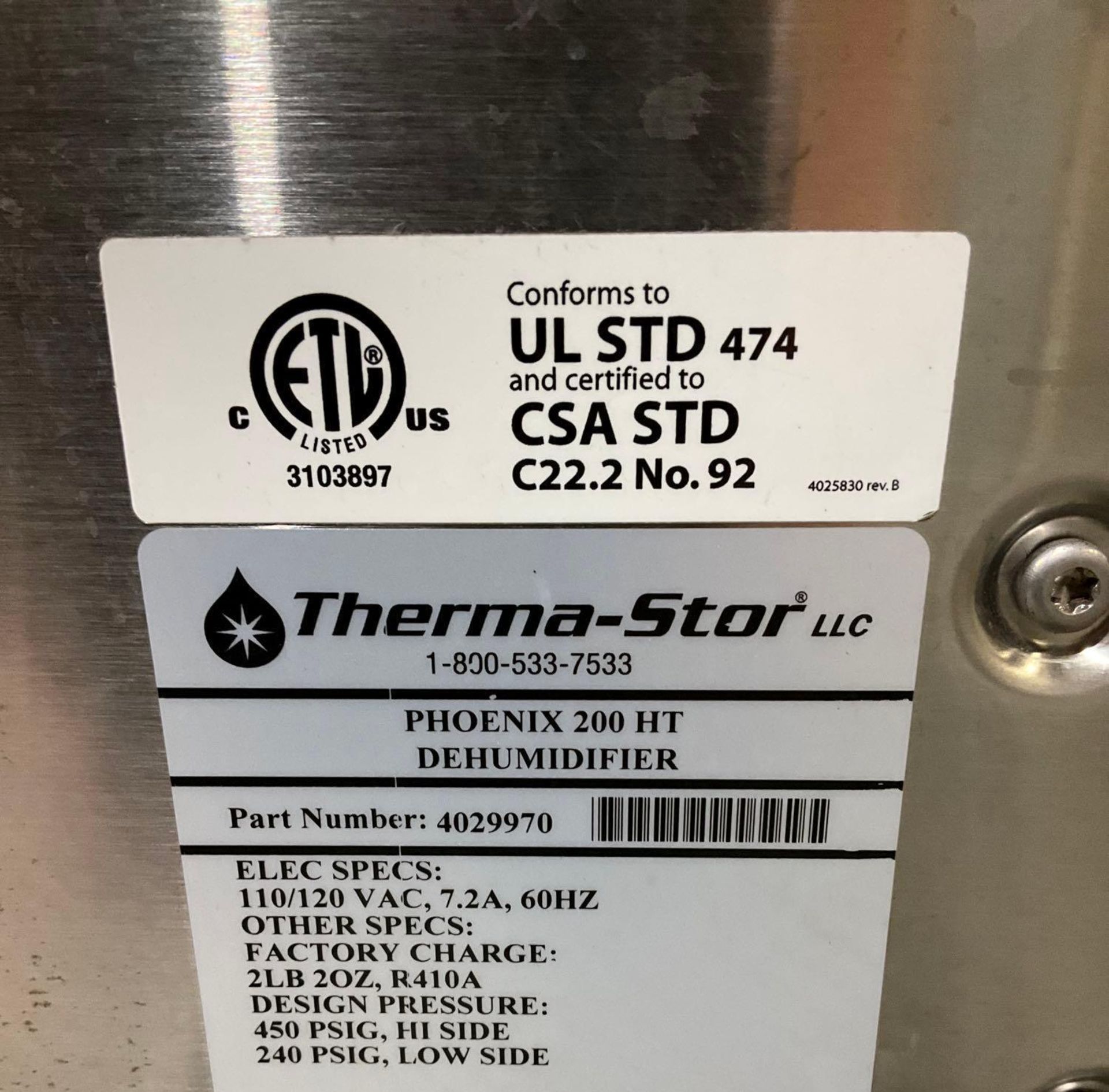 THERMA-STOR PHOENIX 200 HT DEHUMIDIFIER, APPROX 110/120 VAC, APPROX 450 PSIG HI SIDE - Image 9 of 9