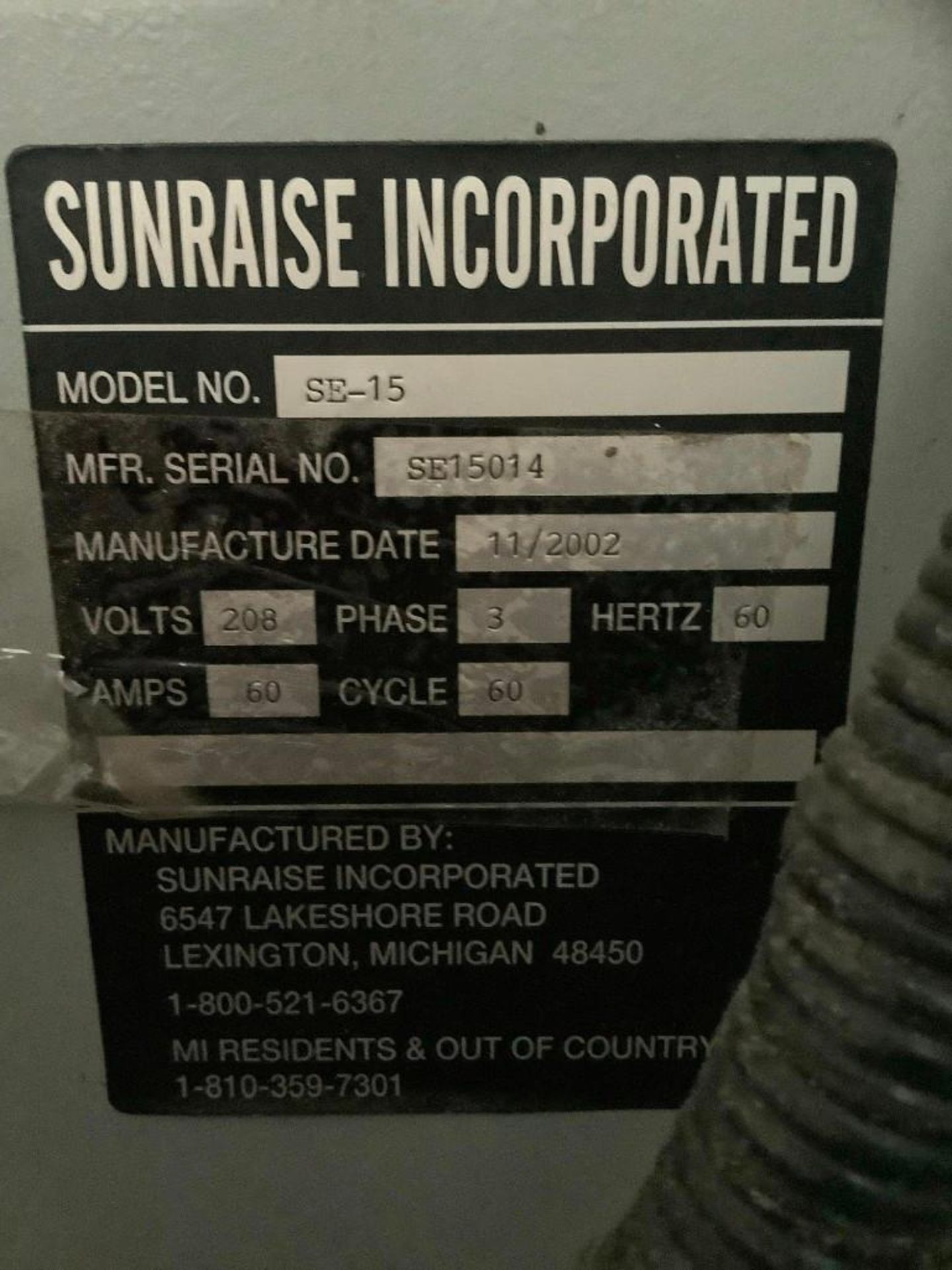 SUNRAISE INCORPORATED THERMOGRAPHY PRINTING PRESS MODEL SE-15, PHASE 3, APPROX 60 CYCLE, APPROX 208 - Image 5 of 6