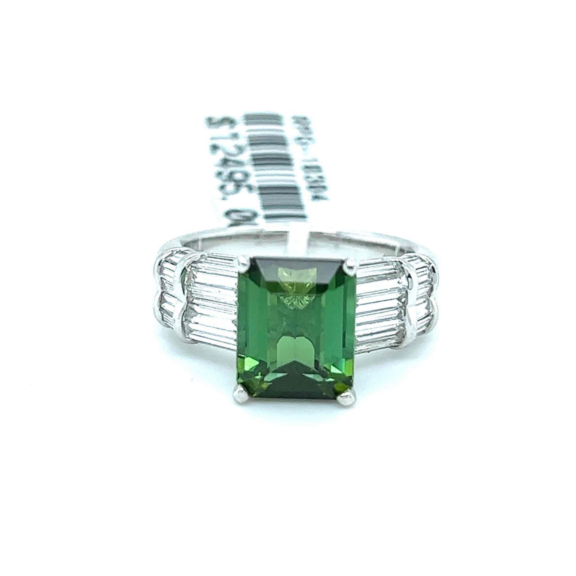 3.36CT TOURMALINE AND 1.25CT BAGUETTE DIAMOND RING 14K WHITE GOLD