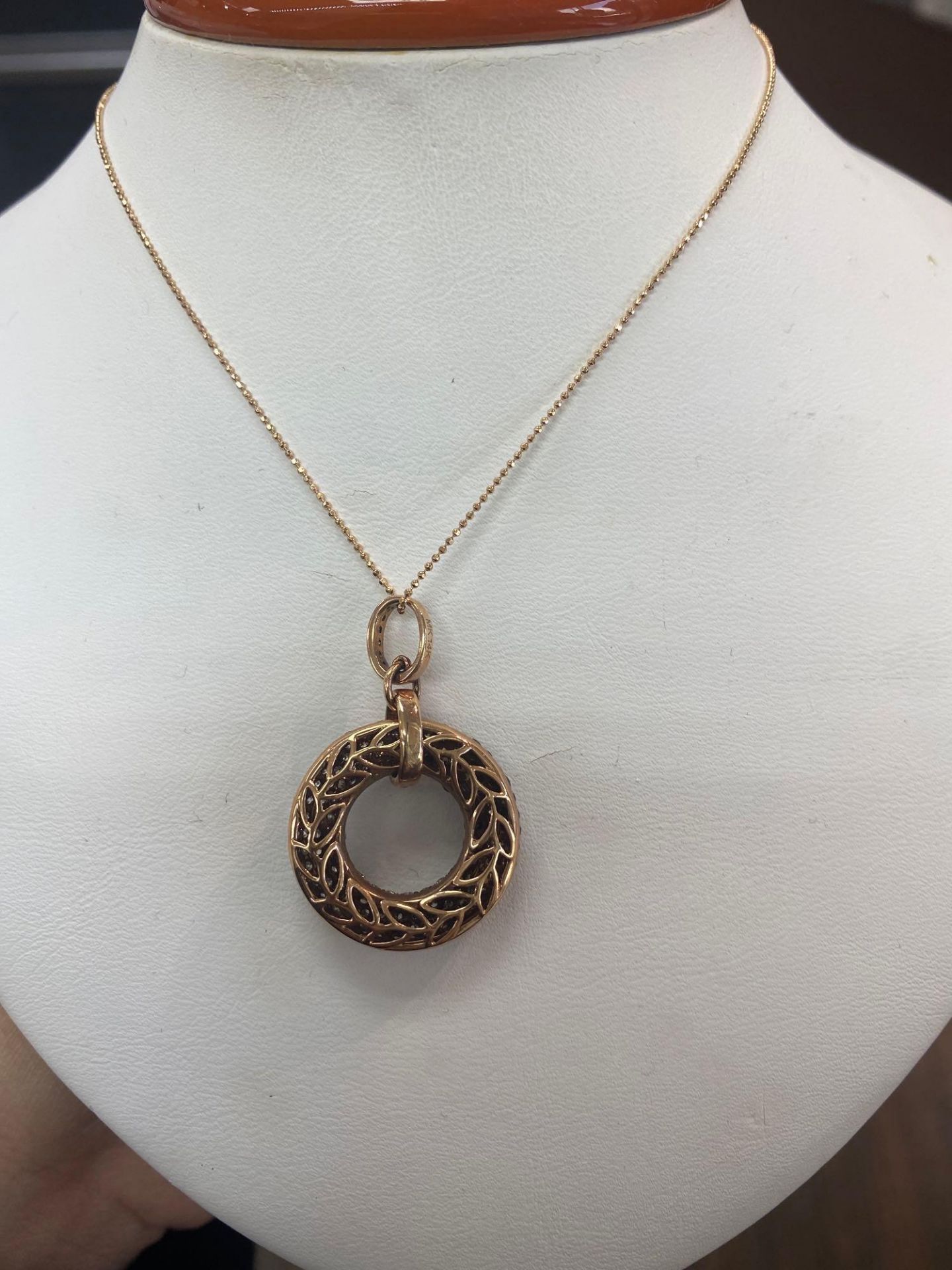 .85CT WHITE DIA. .37CT BLK DIA. .75CT BROWN DIA. 14K ROSE GOLD PENDANT AND CHAIN - Image 3 of 5