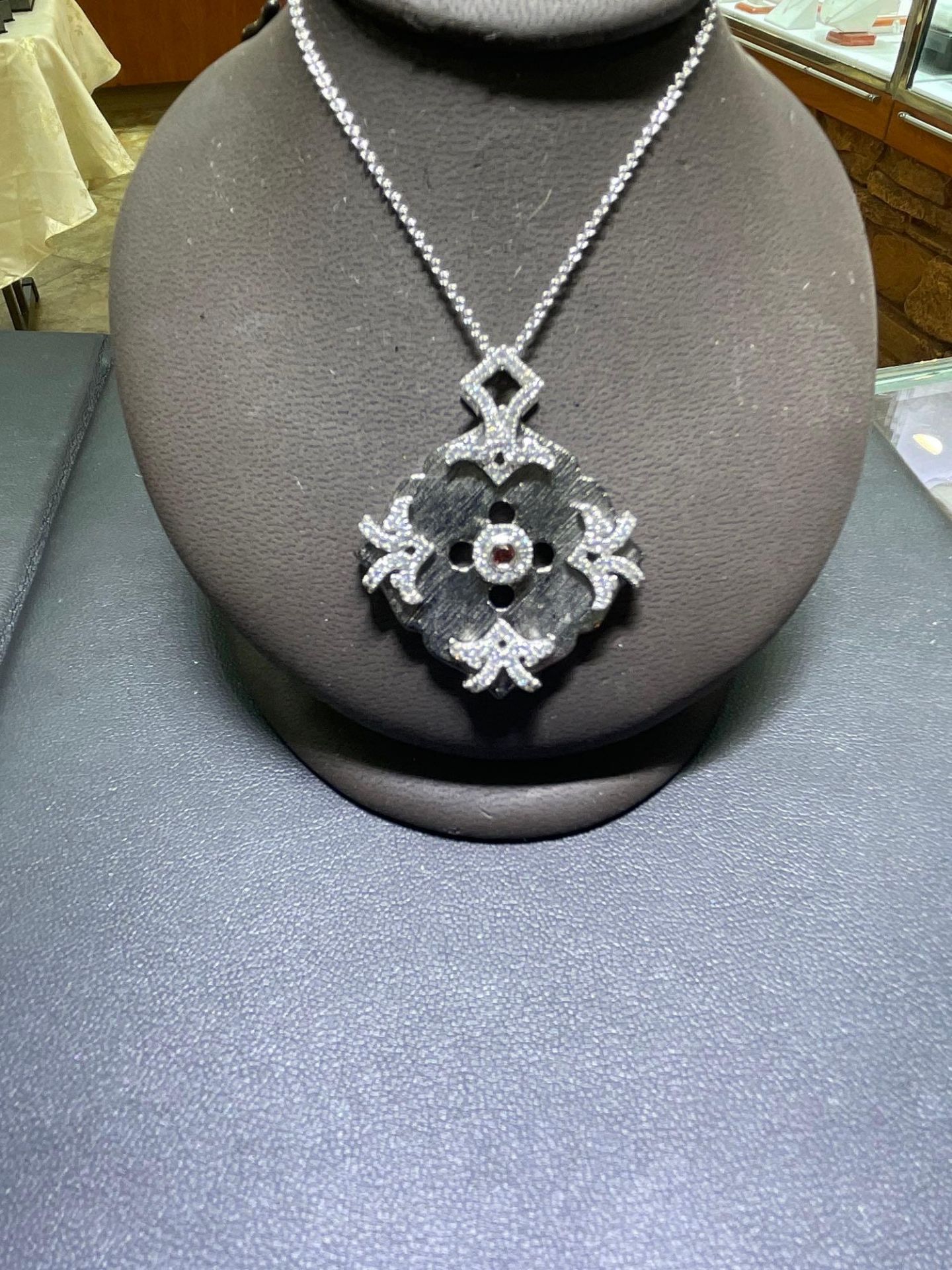 DESIGNER SILVER GARNET AND WHITE SAPPHIRE NECKLACE