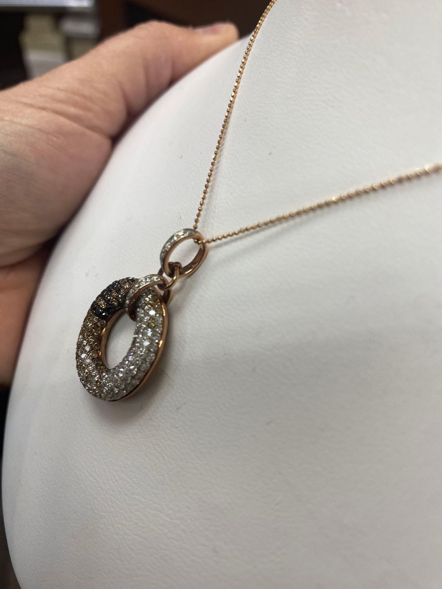.85CT WHITE DIA. .37CT BLK DIA. .75CT BROWN DIA. 14K ROSE GOLD PENDANT AND CHAIN - Image 2 of 5