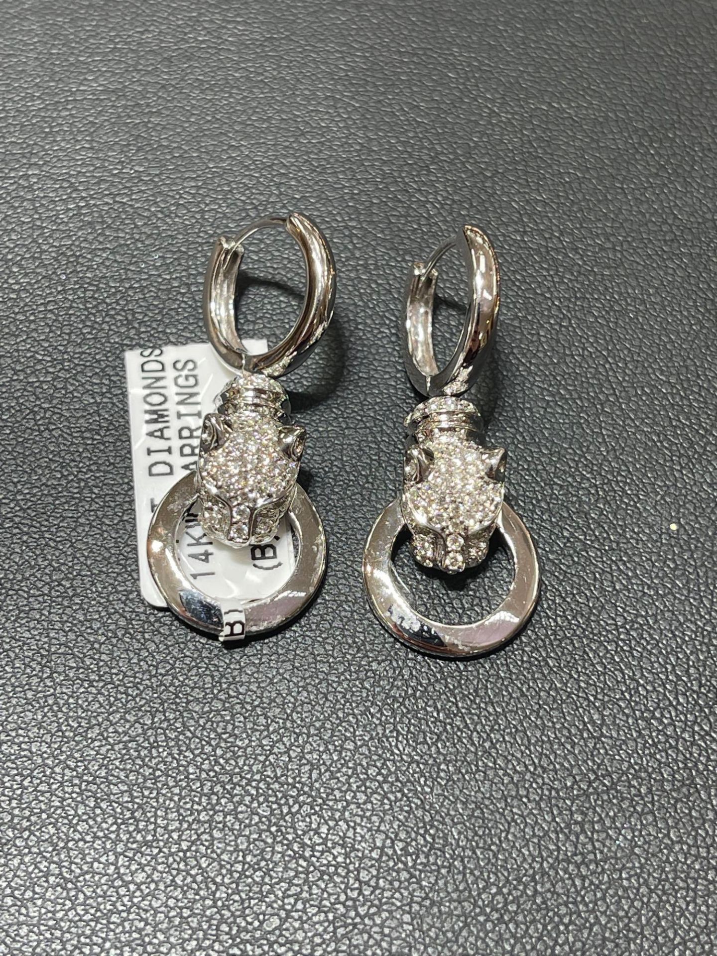 14KT WHITE GOLD PANTHER DIAMOND DANGLE EARRINGS .77CT DIAMONDS