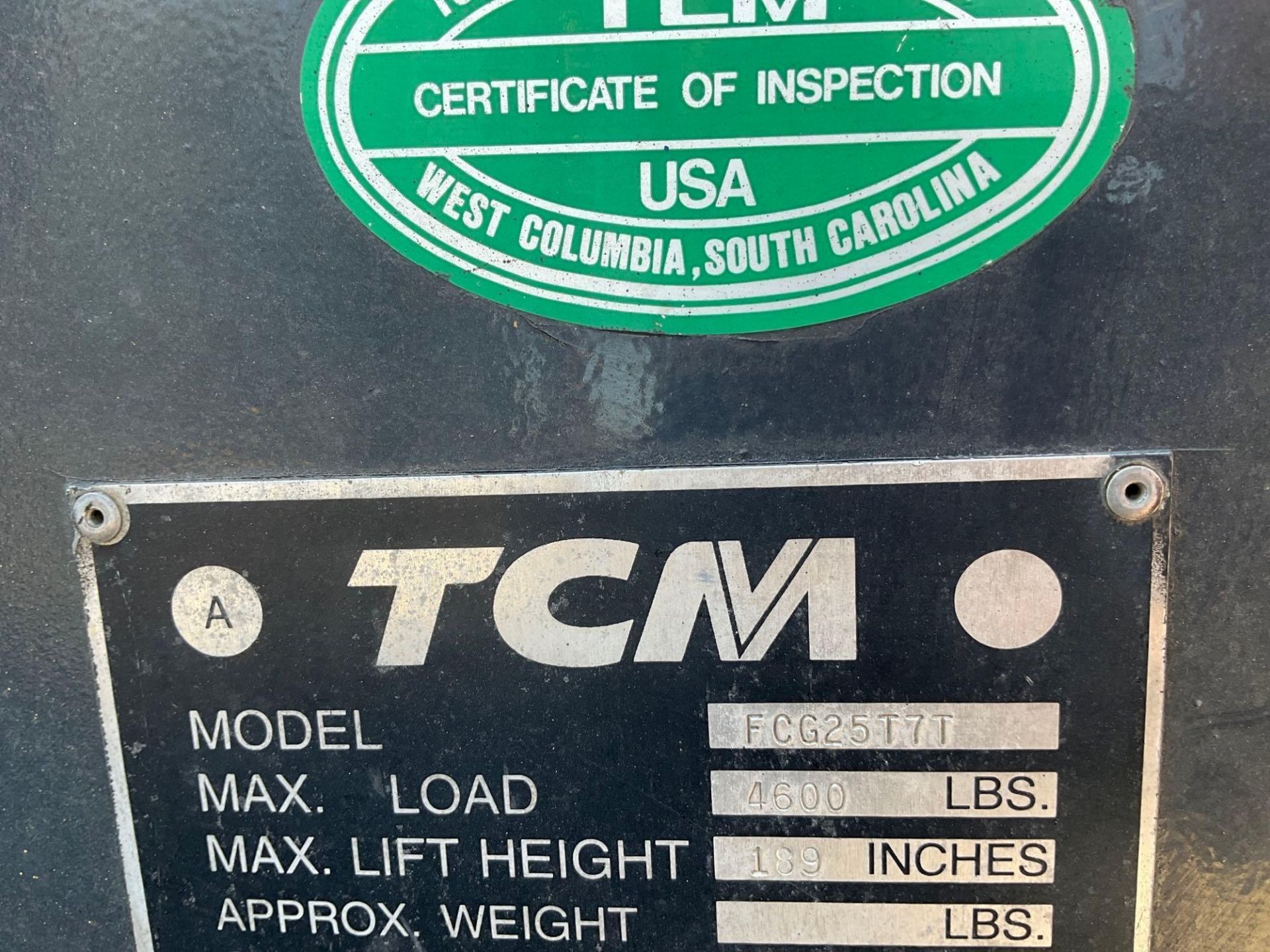 TCM FORKLIFT MODEL FCG25T7T, LP POWERED , APPROX MAX CAPACITY 4600LBS, APPROX MAX HEIGHT 189in, TILT - Image 12 of 12