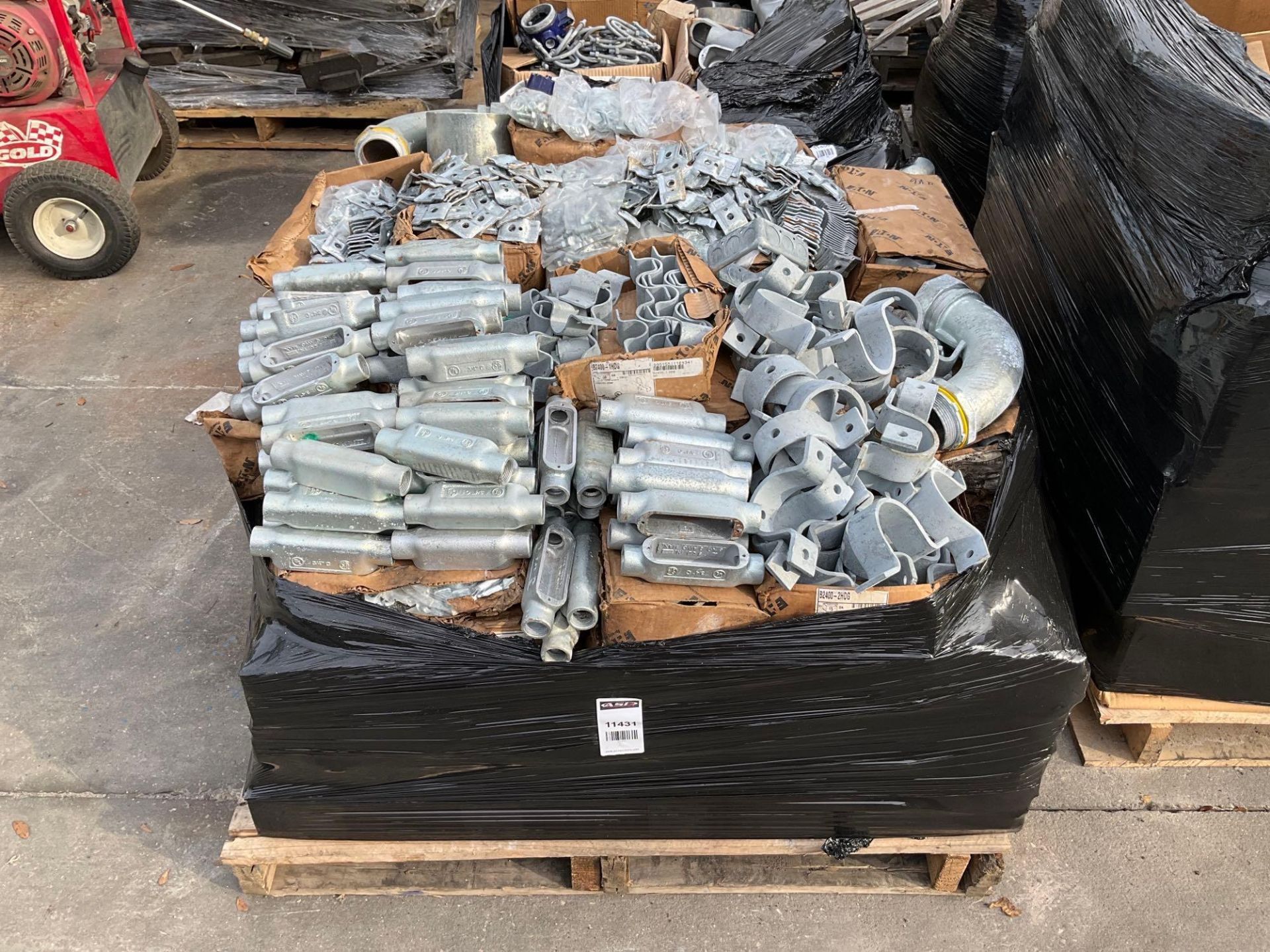 PALLET OF PIPE STRAPS , ASSORTED CONDUIT, ETC