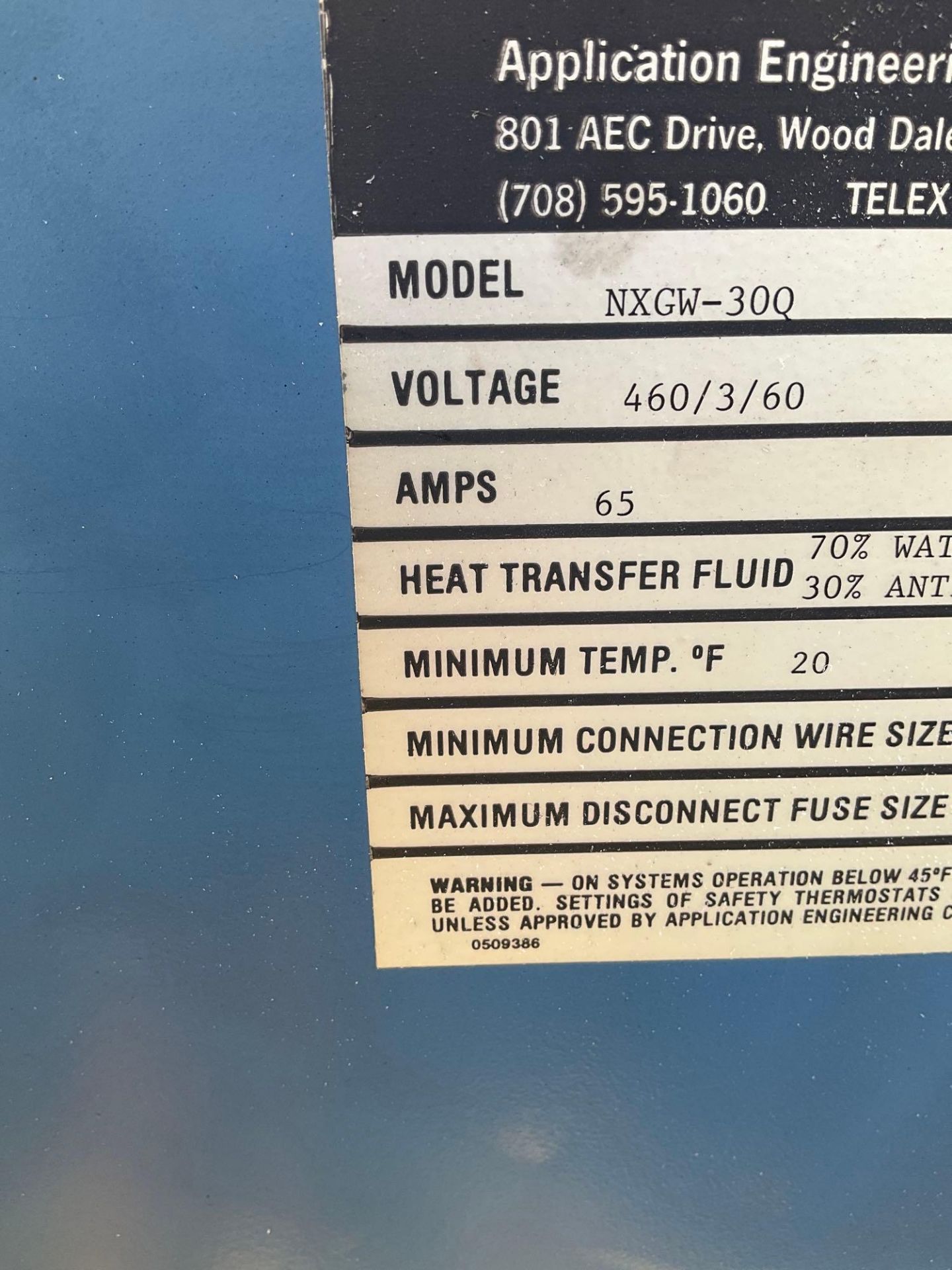 AEC GLACIER SERIES 30 TON CHILLER MODELNXGW-30Q, APPROX VOLTS 460/3/60 , APPROX 30HP, APPROX 65 AMPS - Image 13 of 14