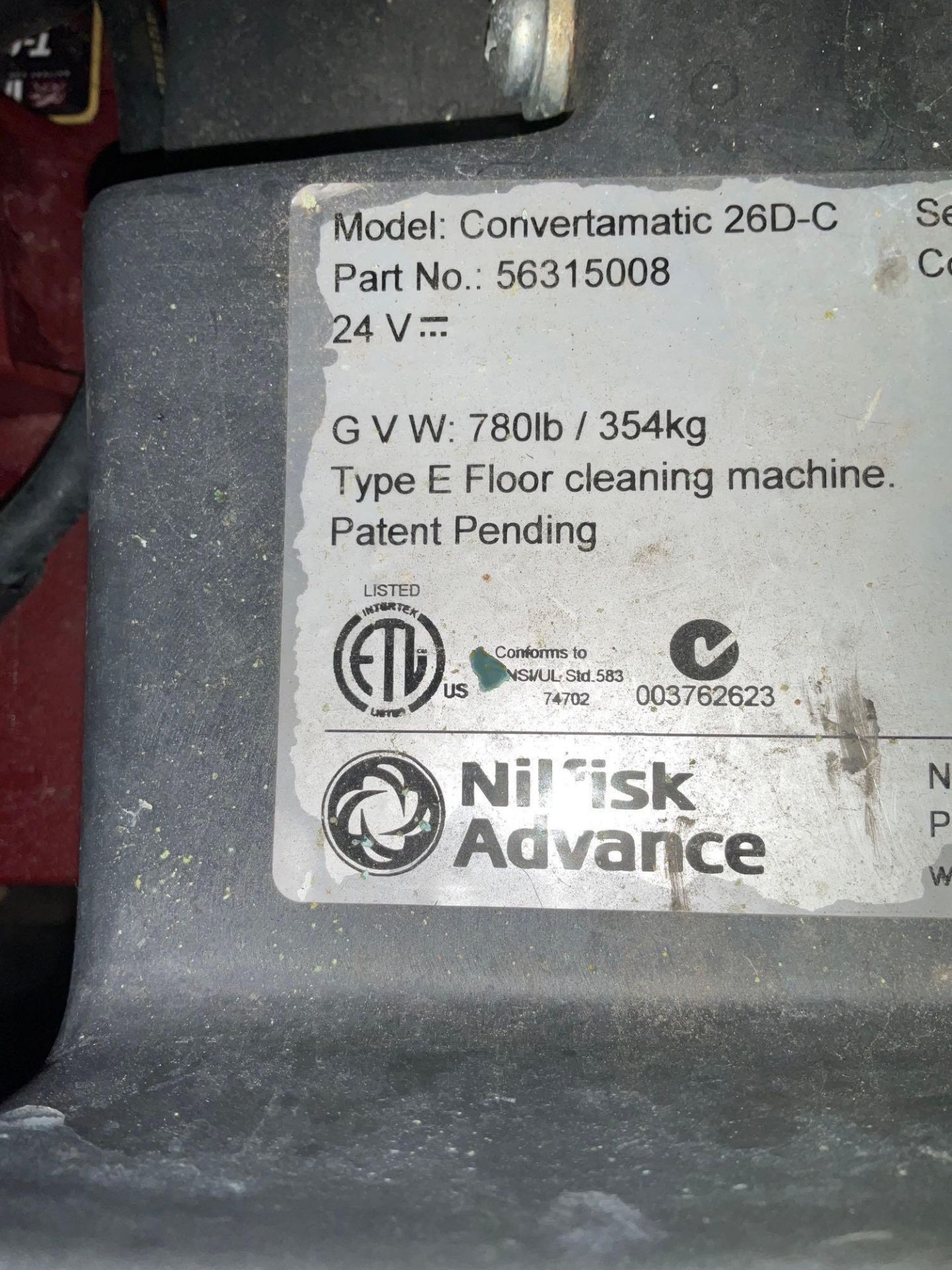NILFISK ADVANCE WALK BEHIND FLOOR SCRUBBER MODEL CONVERTAMATIC 26D-C, ELECTRIC, APPROX 24 VOLTS, BUI - Image 13 of 13