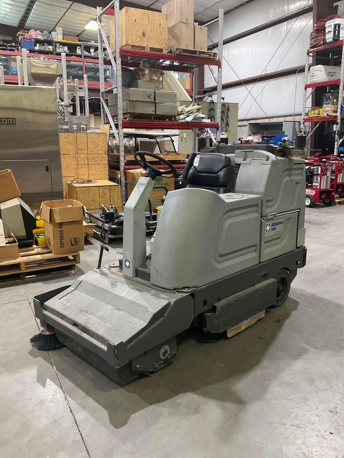 NILFISK ADVANCE RIDE ON FLOOR SCRUBBER MODEL 3800, ELECTRIC, APPROX 36V, RUNS AND OPERATES