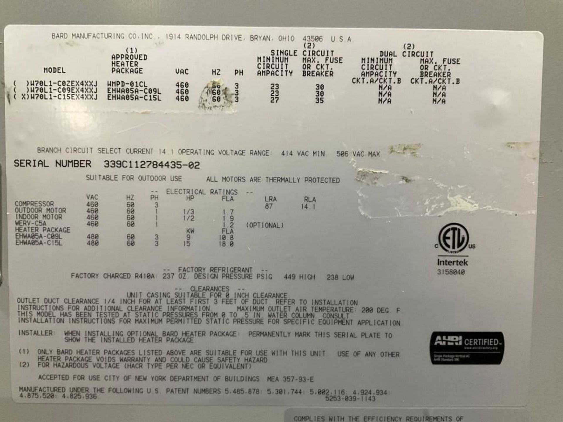 UNUSED APPROX 6 TON BARD WALL MOUNT AC UNIT MODEL W70L1-C15EX4XXJ EHWA05A-C15L, COMPRESSOR APPROX PH - Image 13 of 14