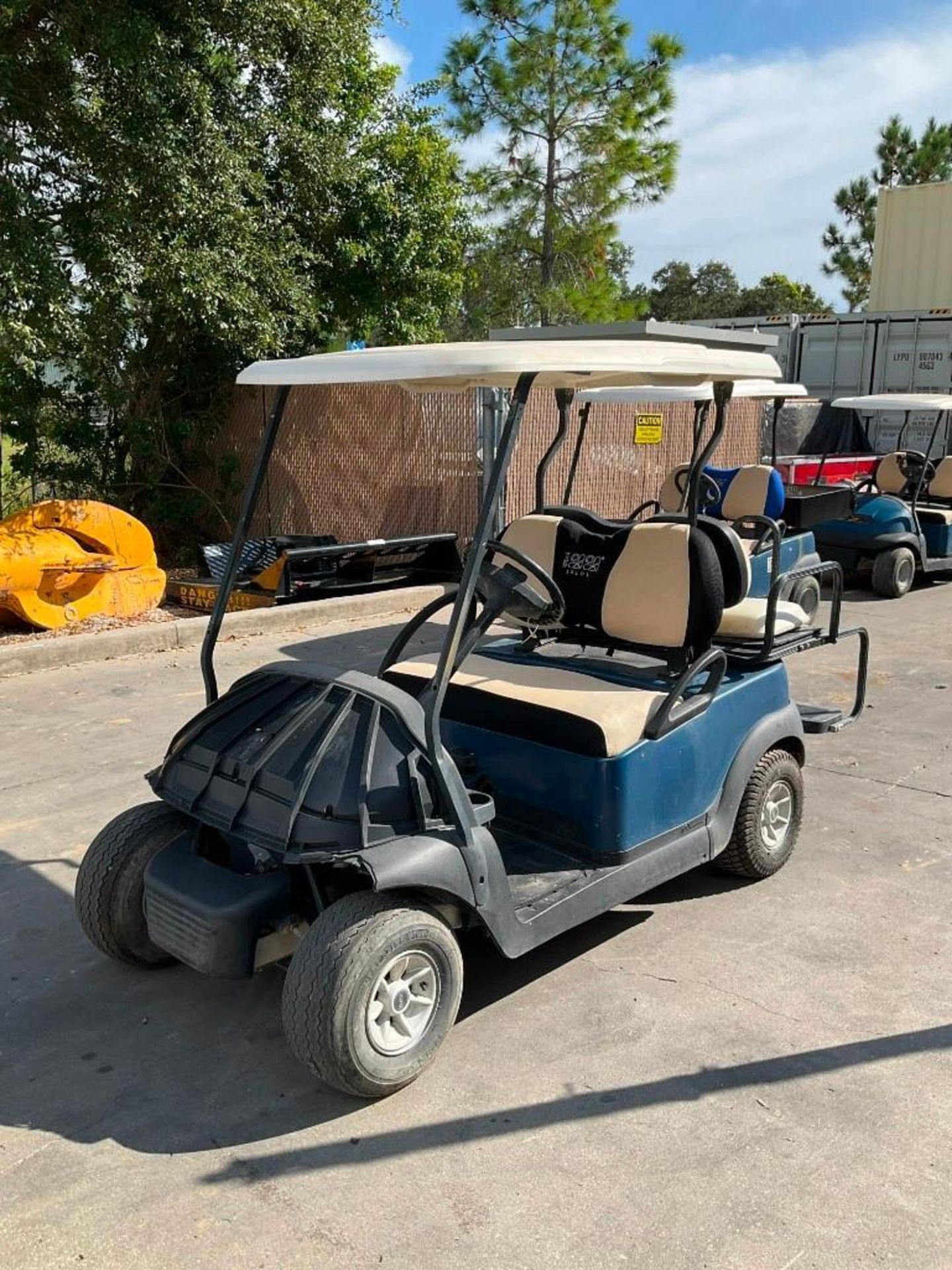 CLUB CAR GOLF CART, ELECTRIC, 48 VOLTS, BACK SEAT FOLDS OUT TO FLAT BED APPROX 34” L x 42” W ,BRAND