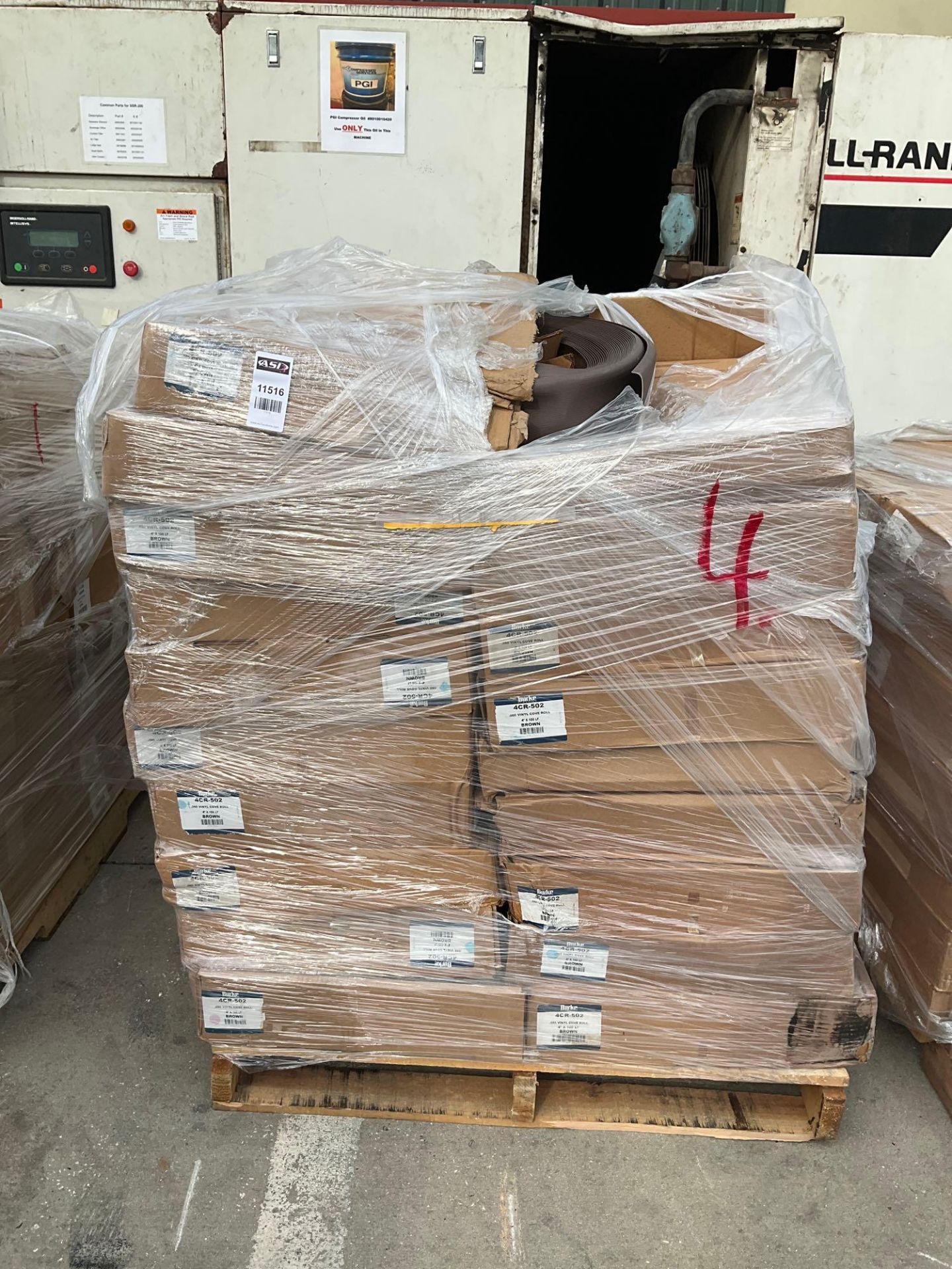 PALLET OF BURKE FLOORING 4CR-502 .080 BROWN VINYLE COVE ROLL, APPROX 4” x 100 LF, APPROX 40 BOXES