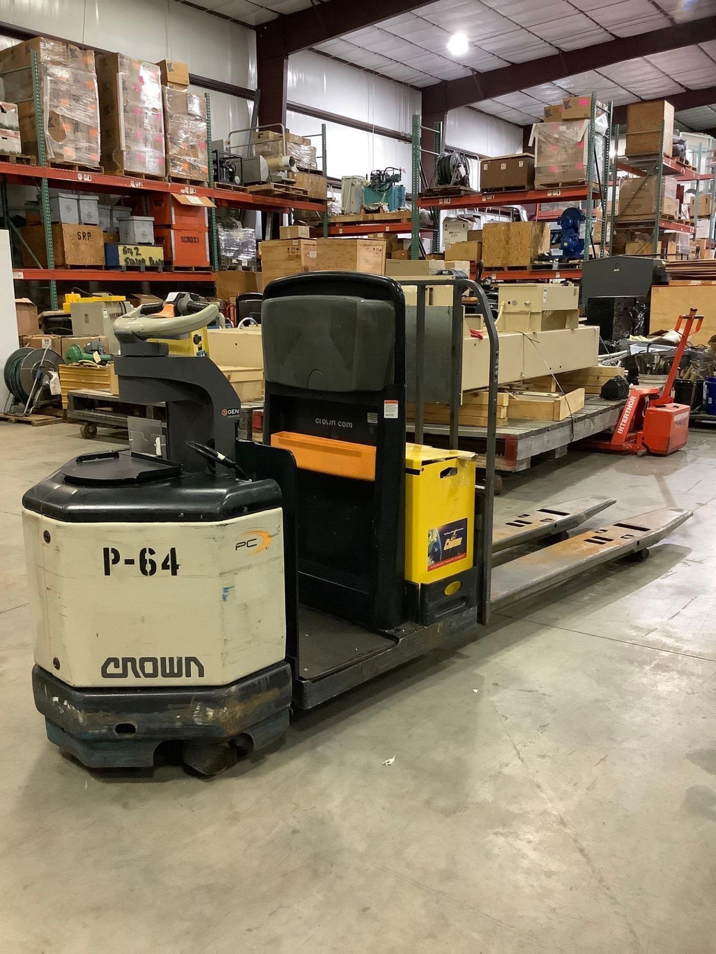 CROWN PC 4500 SERIES PALLET JACK, ELECTRIC, APPROX MAX CAPACITY 6000, 24 VOLTS, FORKS APPROX 7FT LON