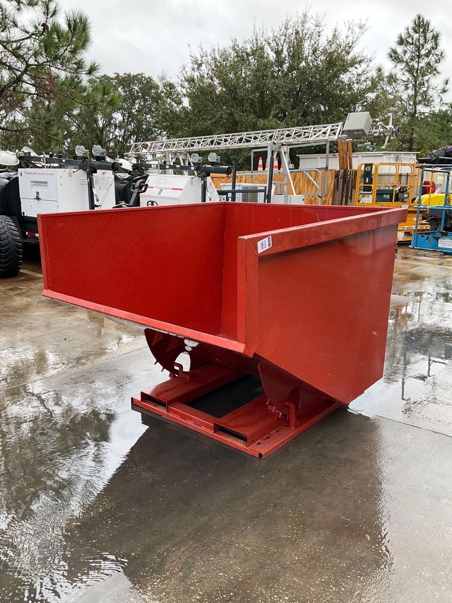 NEW 3 YARD SELF DUMPING HOPPER WITH FORK POCKETS, APPROX 71” L x 64” W