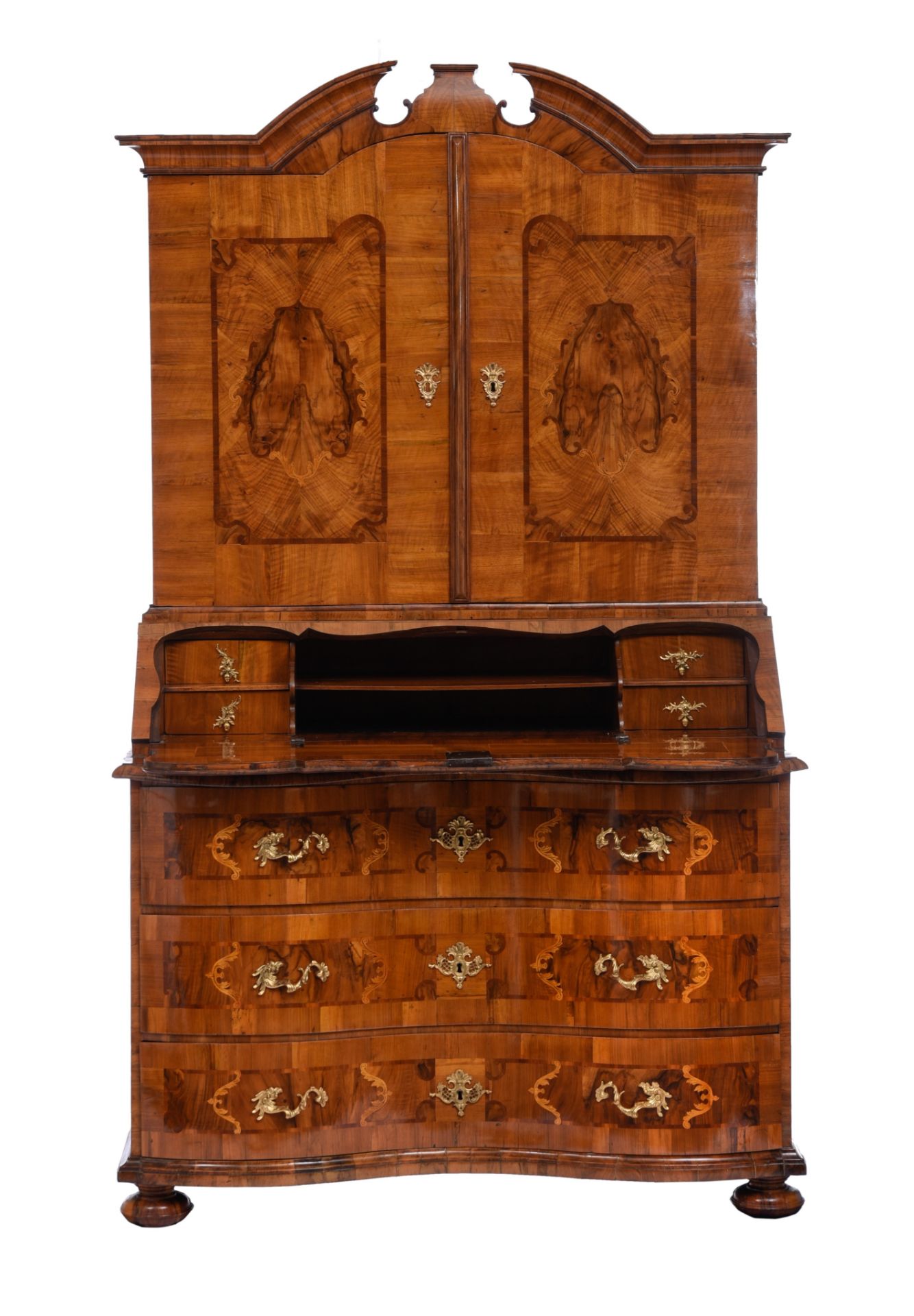 A very fine Rococo walnut bureau cabinet, mid 18thC, H 227 - W 135 - D 71 - 83 cm - Image 2 of 13