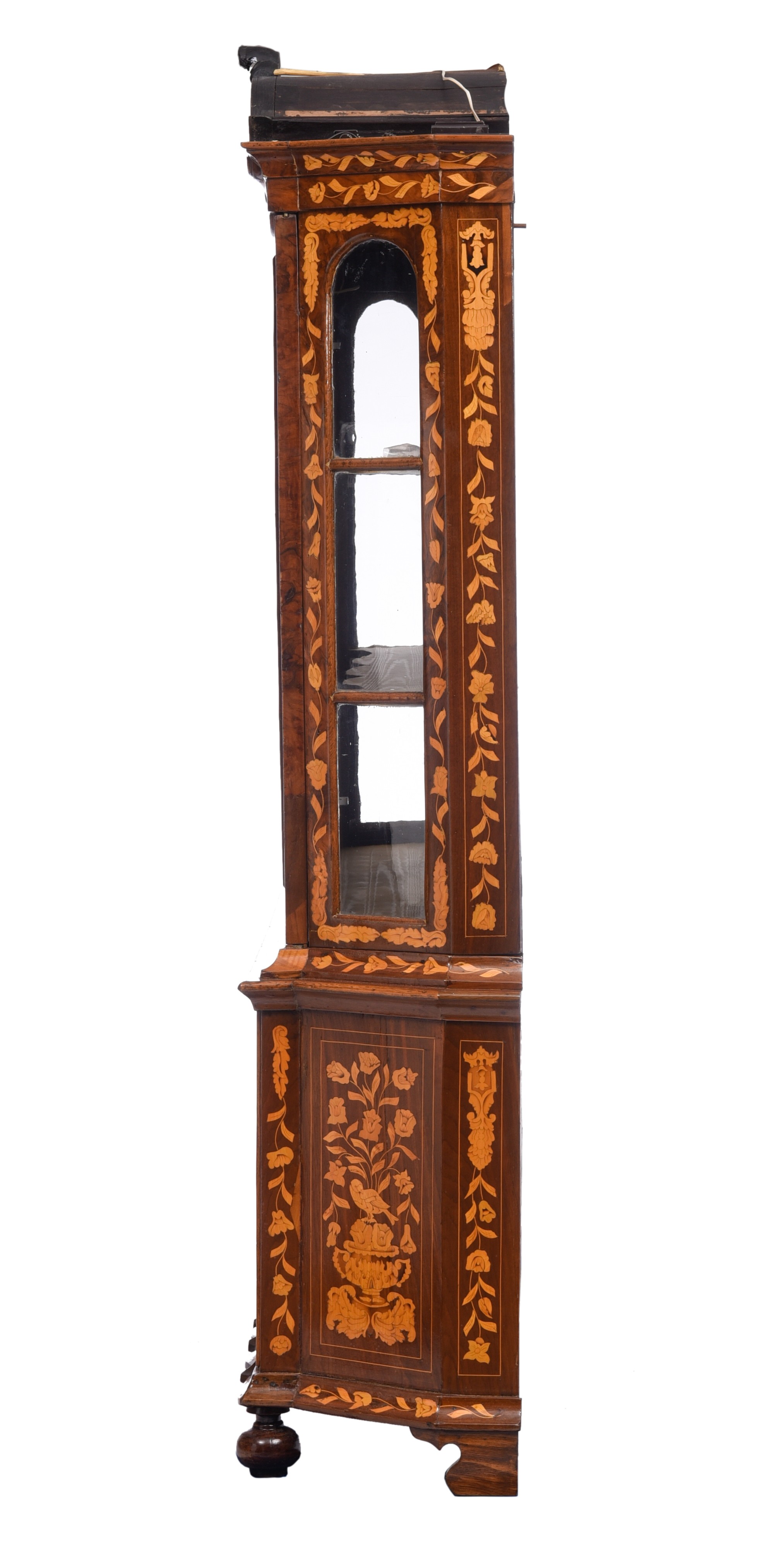 A large Dutch floral marquetry display cabinet, 18thC, H 230 - W 212 - D 45 cm - Image 4 of 5