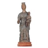 (T) A folk sculpture of the Madonna and Child, H 35 - 38 cm (without - with base)